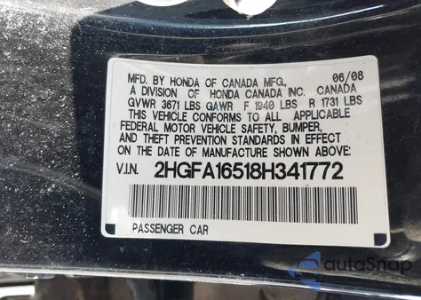 2008 Honda Civic Lx from USA, damaged, VIN 2HGFA16518H341772